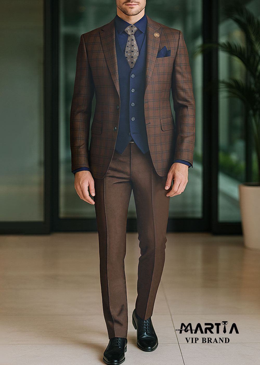 کت شلوار WOOL کمبین چهارخانه قهوه ای