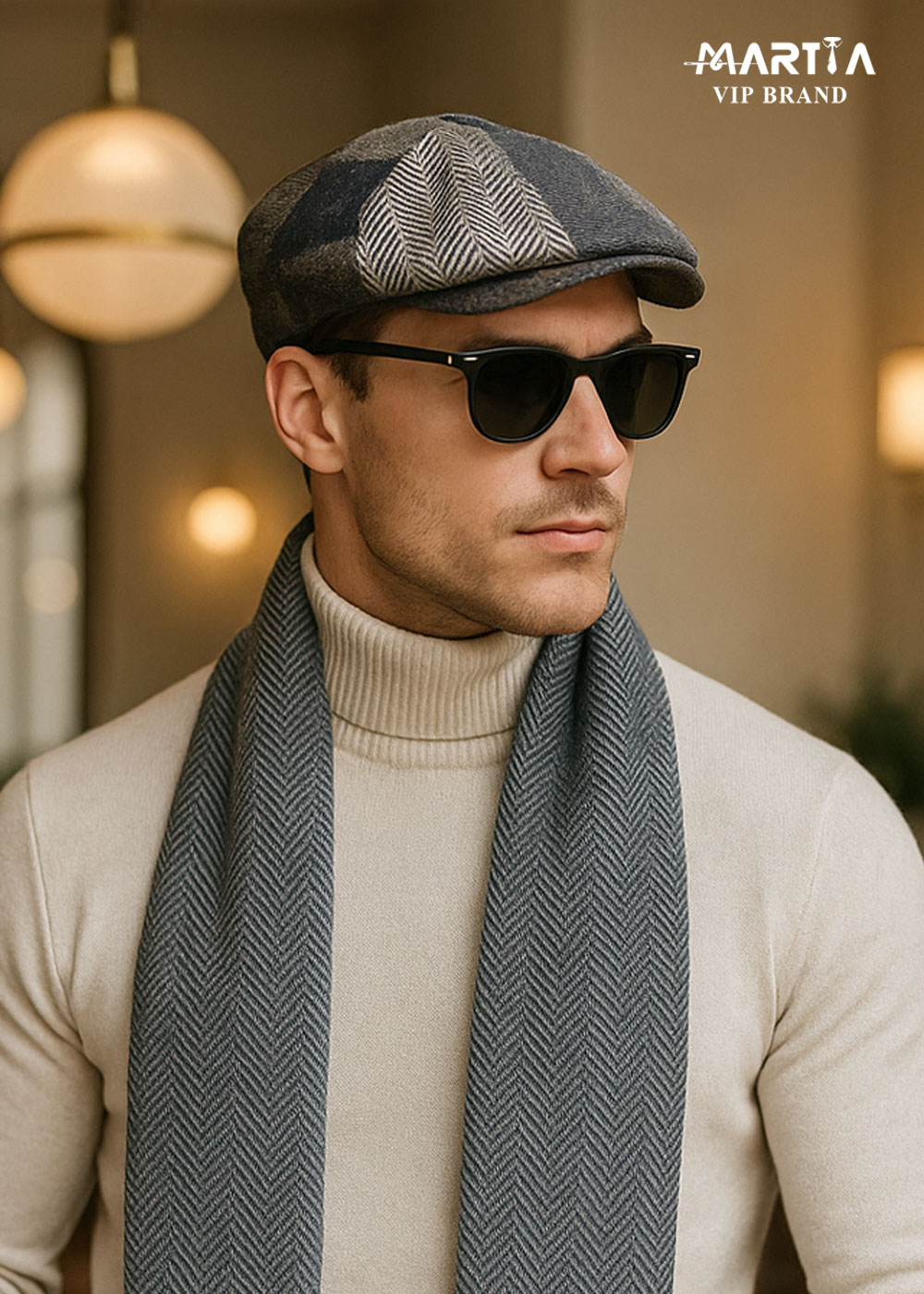 کلاه پشمی چهارخانه طوسی سورمه ای