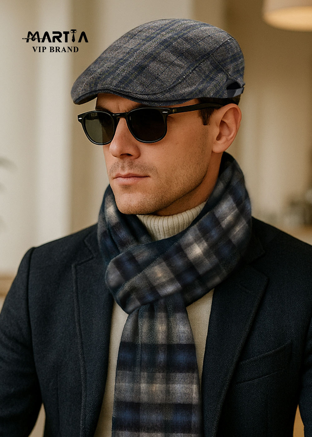 کلاه پشمی چهارخانه قهوه ای سورمه ای