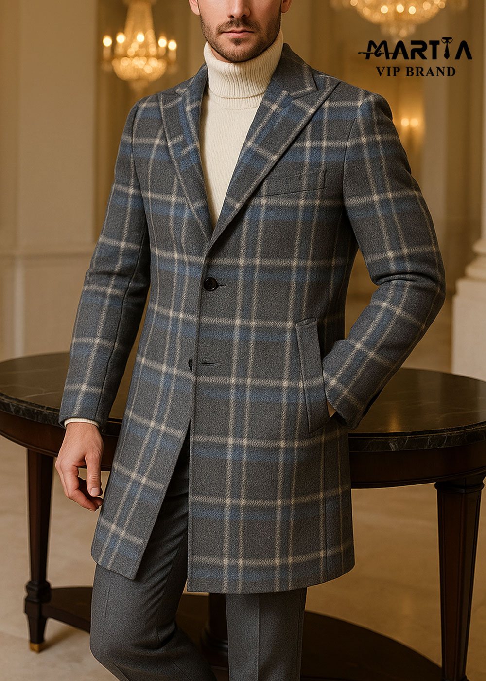 پالتو پشمی یقه کنت چهارخانه