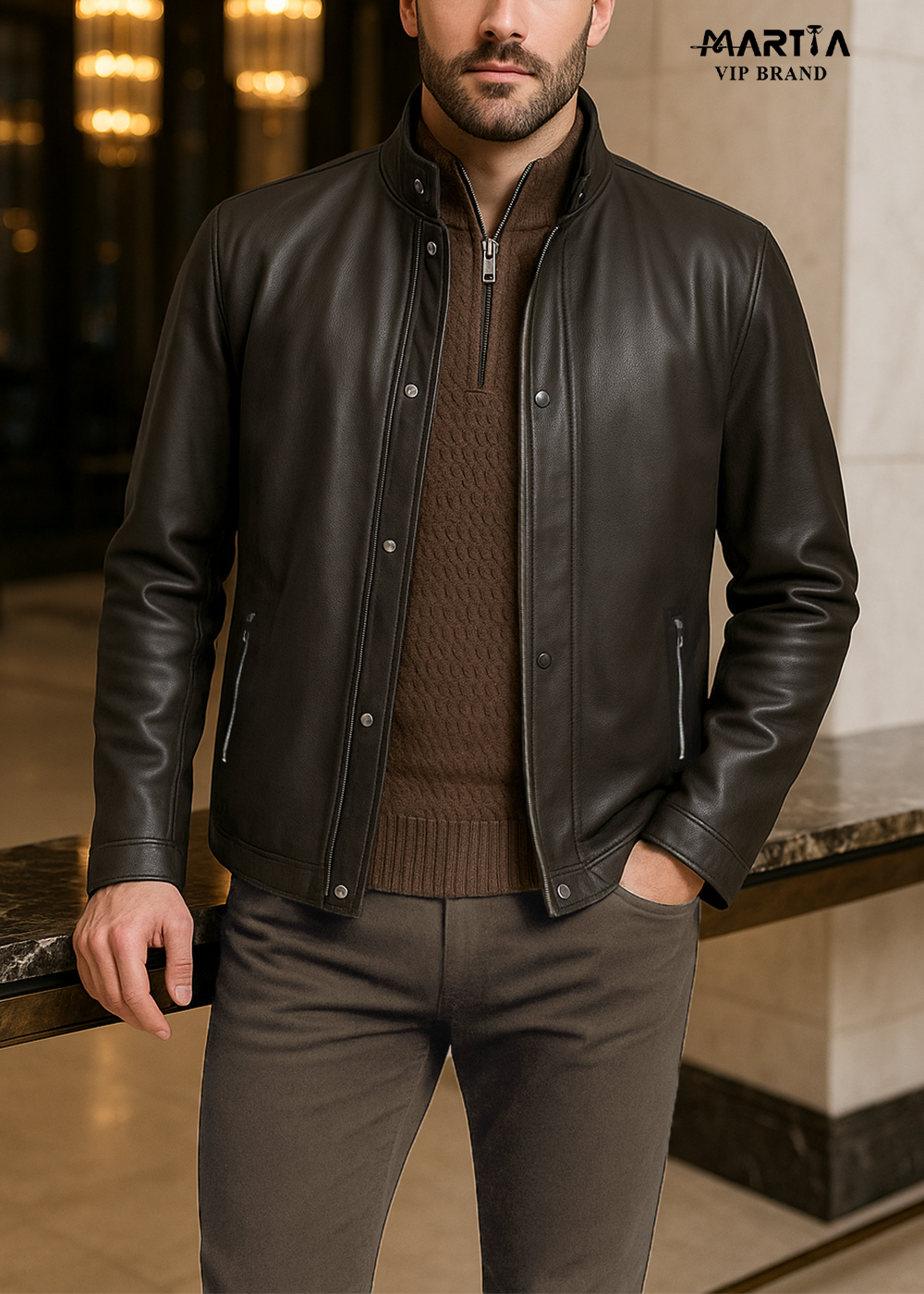 کاپشن چرم طبیعی ایتالیایی قهوه ای کد ۳۲