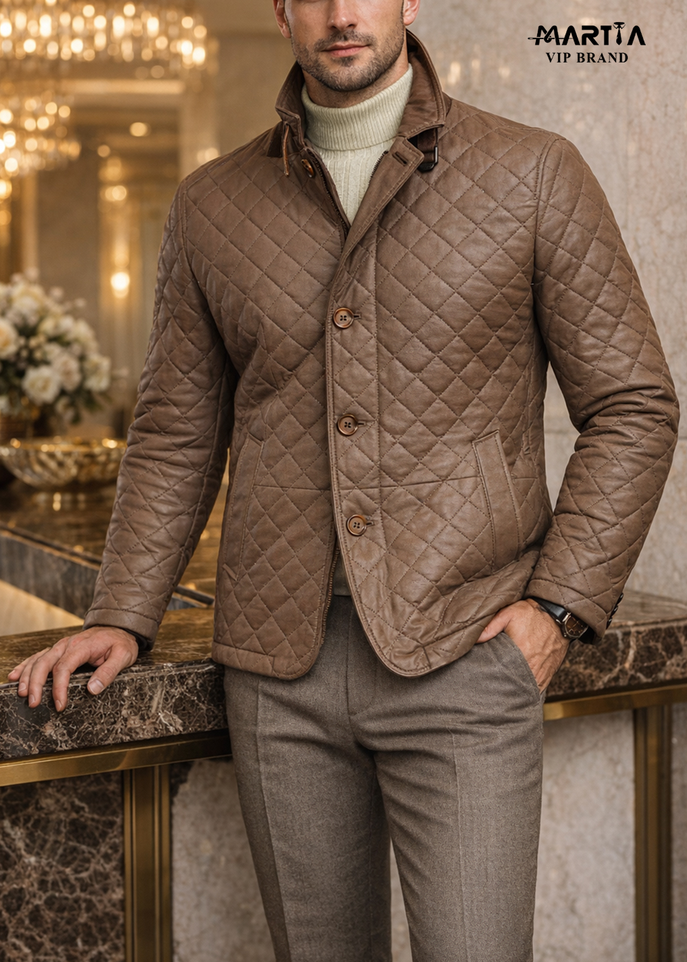 کاپشن چرم طبیعی ایتالیایی طرحدار قهوه ای کد ۳۰